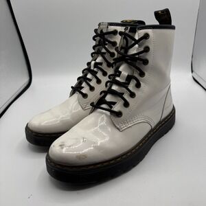 Dr. Martens Zavala Patent Leather Boots Women 8 Men 7 White Combat Boots